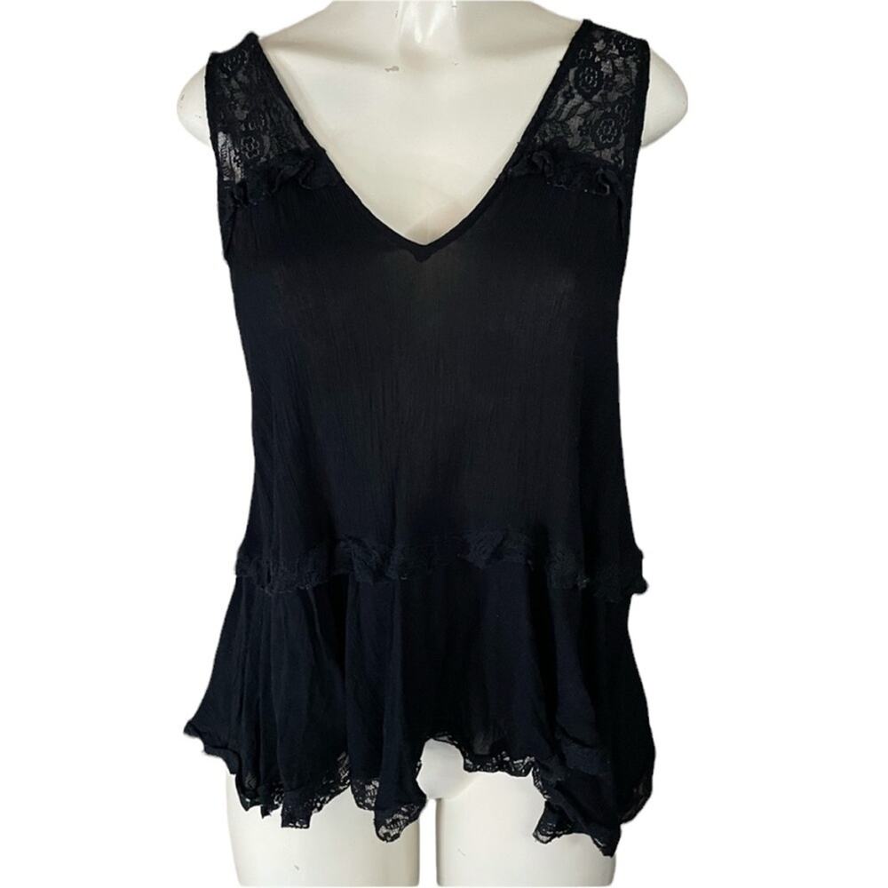 Free People Intimately Black Trapeze Tank Top w/ Lace Trim Size Small